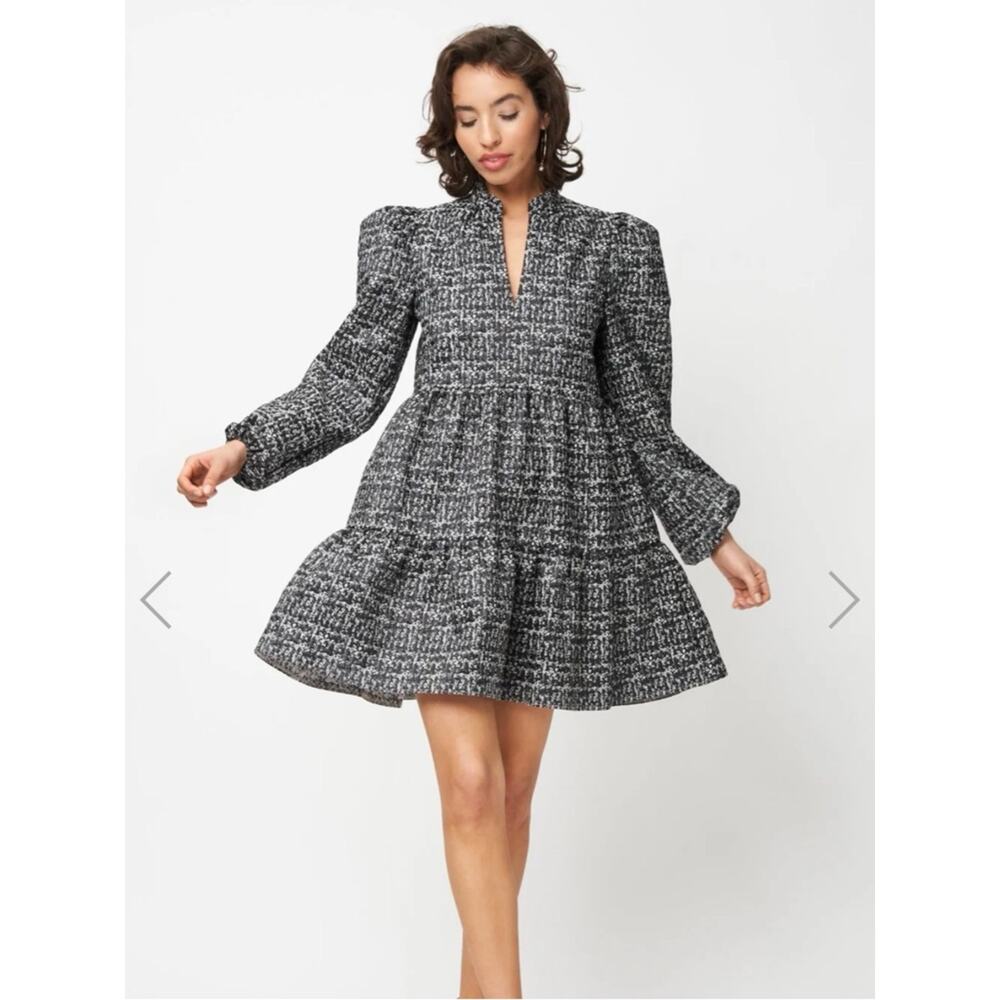 Fresha London Black and White Tweed Tiered Puff-Sleeve Mini Dress